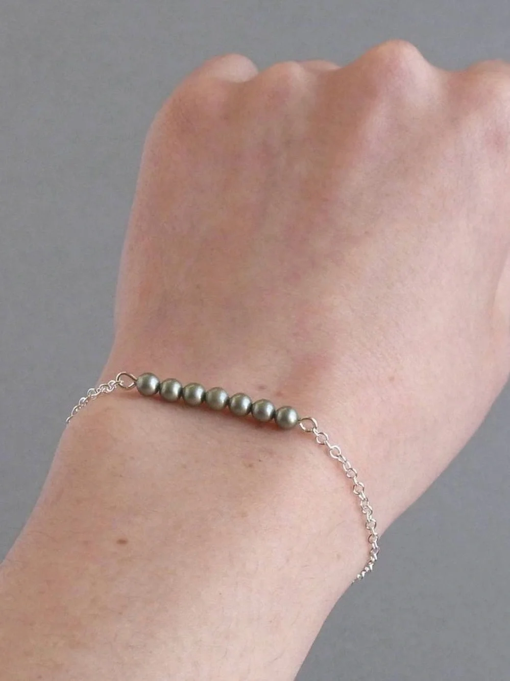 Delicate Sterling Silver Chain Bracelet with Sage/Olive Green Pearl Beads